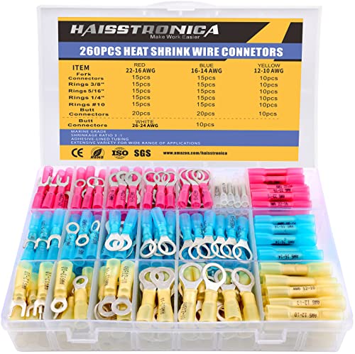 haisstronica 260PCS Heat Shrink Wire Connectors - Marine Grade AWG 26-10 Tinned Red Copper Crimper Terminals, Waterproof Butt Ring Fork Splice Connectors, 4 Colors, 19 Sizes - style: 260PCS AWG 26-10