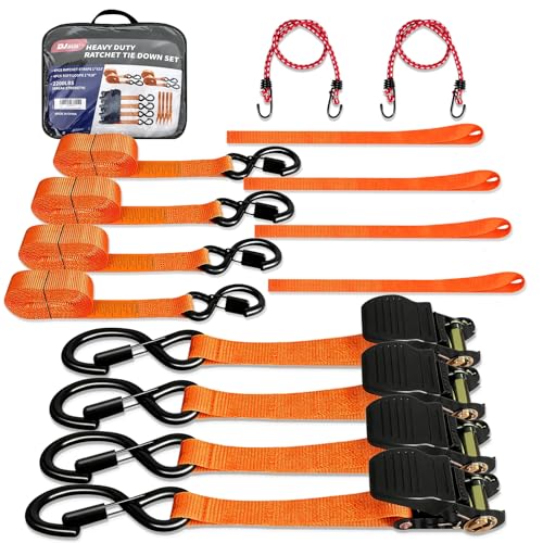 Heavy Duty 1" x 15' Ratchet Straps (4 Pack) - 2200 lb Break Strength with Soft Loops & Coated S-Hooks for Truck, Trailer, Motorcycle, ATV, UTV, Boat, Car Accessories (Orange) - color: Orange
