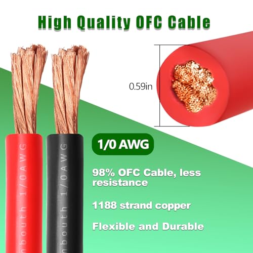 1/0 Gauge Battery Cable Copper Wire, 10FT Red+10FT Black 1/0 AWG Welding Cable Standard USA OFC Wire for Automotive, Battery, Solar, Marine and Generator - size: 1/0 Gauge 10FT
