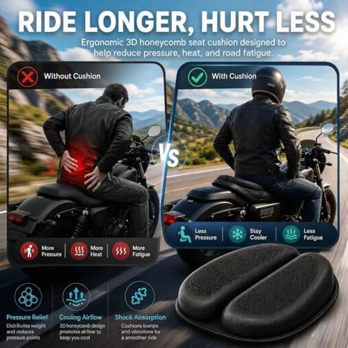 Motorcycle Seat Pad, 3D Honeycomb Breathable Shock Absorbing Cushion for Rider & Passenger, Universal Comfort Seat Accessory for Long Distance Riding