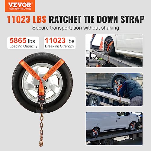 VEVOR Car Tie Down with Chain Anchors, Lasso Style 2"×120" Tire Straps, 5865 LBS Working Load, 11023 LBS Breaking Strength, with Heavy Duty Ratchets for Passenger Car, ATV, SUV, UTV, Truck, 4-Pack - style: Lasso-Style with Heavy Duty Hook