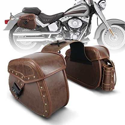 NICECNC Saddle Bags, PU Leather Motorcycle Saddlebags, Reinforced Straps & Saddle Piece, with Cup Holder & Lock, Throw Over Saddle Bag Side Bags, Brown - color: Brown
