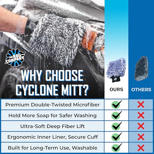 The Rag Company - The Cyclone Ultra Wash Mitts - 70/30 'Gauntlet' Blend Korean Microfiber, Foam Padding, Scratch-Free, Lint-Free, Great for Rinseless Washing, 8in x 9in, Blue + Black (2-Pack)