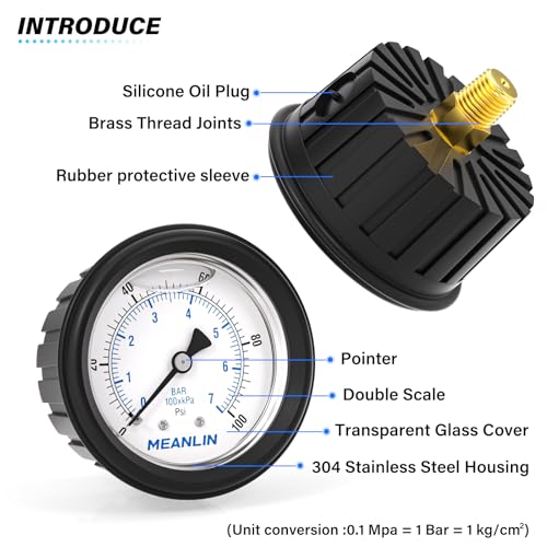 MEANLIN MEASURE 0~100Psi Stainless Steel 1/4" NPT 2.5" FACE DIAL,Liquid Filled Pressure Gauge, Center Back Mount (with Rubber Protective Sleeve), with 1/2" NPT and 3/8" NPT Hex Bushing - size: 0-100Psi