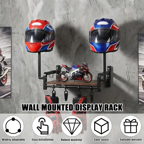Helmet Wall Mount, Motorcycle Helmet Holder with Walnut Wood Shelf, 2 Helmets Stand, 4 Glove Chips and 2 Hooks, Helmet Display Mount for Most of Helmet and Clothes