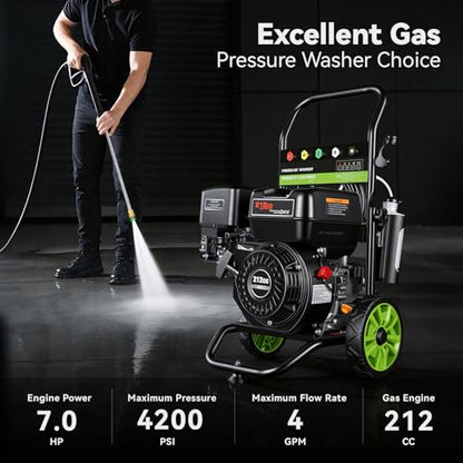 Gas Powered Pressure Washer 4200 PSI Gas Power Washer 4.0 GPM 212CC Commercial High Pressure Washer, with Spray Gun and Extension Wand, 5 Quick Connect Nozzles, Copper Pump (Dark Black)