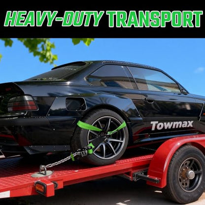 4 Pack Car Tie Down Straps for Trailers - 2" x 8' Heavy Duty Tire Straps with Chain Anchors - 10,000lbs Break Strength, Adjustable Lasso Style Wheel Straps for Hauling Cars, Truck, UTV(Green) - style: Chain Anchors