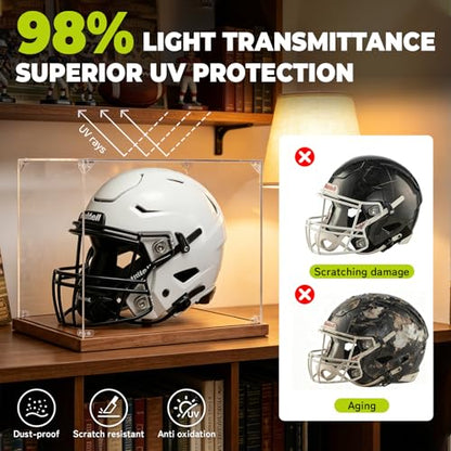 Football Helmet Display Case, Full Size Acrylic Baseball Motorcycle Helmet Showcase, UV Protection Collectibles and Souvenirs Box with Solid Wood Base and Stand, Ideal Gift for Sports Fans - size: 17.2ln×13.4ln×1.5