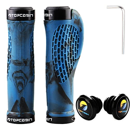 TOPCABIN Ergonomic Bike Grips - Widen Holding Rubber Grips with Aluminum LockGrips for Mountain & Road Bikes - color: Rubber Blue (1 Pair)