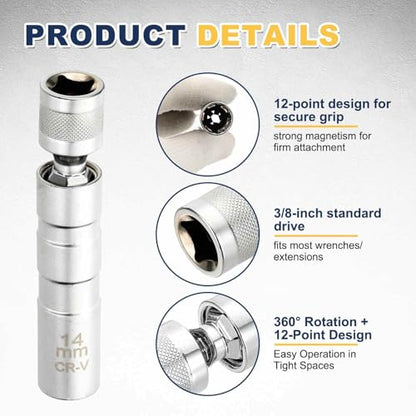 HARFINGTON 2pcs Spark Plug Socket Set 3/8" Drive 14mm Swivel Magnetic 12 Point Thin Wall Spark Plug Socket with 360 Degree Swivel CR-V Steel, Silver - size: 14mm