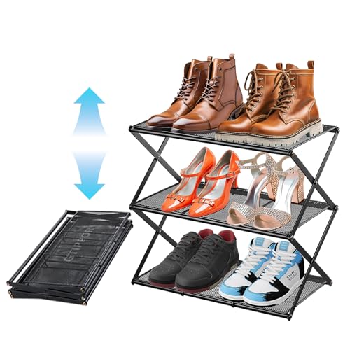 Small Shoe Rack for Entryway - 3 Tier Shoe Organizer Metal Foldable Shoes Storage Rack, Zero Tool Install, Sturdy Shoe Rack for Closet, Front Door Entrance, Living Room - Space Saving, Black - color: X Shape(black), size: 3 Tier