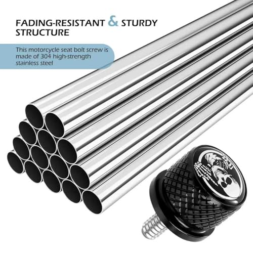 Motorcycle Stainless Seat Bolt Screw, Knurled Fender Rear Seat Screw 1/4"-20 Thread, Skull Pattern Cushion Caps, Compatible with Touring Sportster Softail (Black) - color: Black