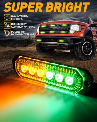 HLauto 406T Emergency Strobe Grille Lights: 4Pcs 6 LED Sync Feature Safety Warning Flashing Light, 12V-24V Ultra Slim Surface Mount Hazard Caution Light for Truck, Vehicle, Car, ATV, UTV (Amber Green) - color: Amber/Green