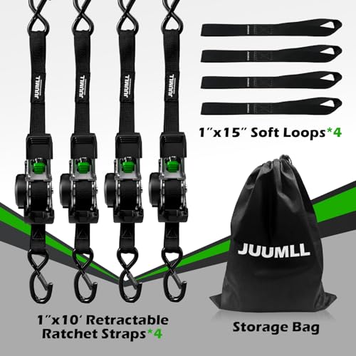 Retractable Ratchet Straps (4-Pack) 1” x 10ft - 1,650lb Break Strength, Heavy-Duty Auto Retracting Tie Down Straps for Cargo, Motorcycle, ATV, UTV, Kayak & Transport (Black) - color: Black