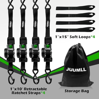 Retractable Ratchet Straps (4-Pack) 1” x 10ft - 1,650lb Break Strength, Heavy-Duty Auto Retracting Tie Down Straps for Cargo, Motorcycle, ATV, UTV, Kayak & Transport (Black) - color: Black