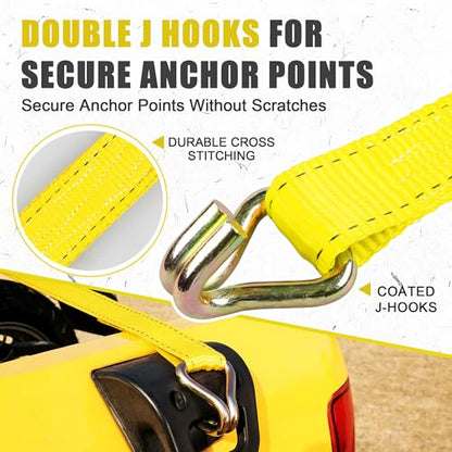 AWELCRAFT Ratchet Straps Heavy Duty 4 Pack,4500lbs Breaking Strength,1.5in×15ft Tie Down Ratcheting Strap with Padded Handles, Double J Hooks & Soft Loops for Motorcycle,Trailer & Trucks (Yellow) - color: Yellow