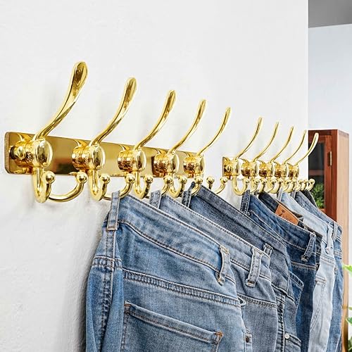 Dseap Coat Rack Wall Mount, Heavy Duty 12-Gauge Base vs Flimsy 1mm, Double-Thick Solid Anti-Snap Hooks, 16” Stud-Mount, Stainless Steel Hanger for Clothes Hat Entryway Closet, Gold, Pack of 2 - color: Gold, size: L=17" (2pcs)