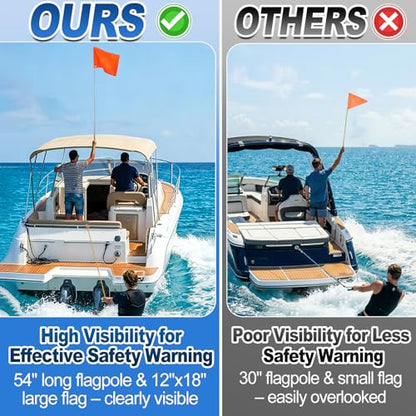 Orange Boat Flag with 53" Adjustable Pole - 12” x 18” Water Ski Flag with Stable Holder, Boat Safety Accessories for Watersports Wakeboarding