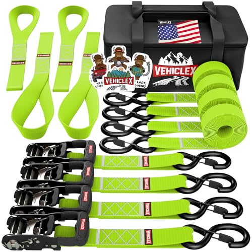 Vehiclex Motorcycle Ratchet Tie Down Straps with Soft Loops - 4PK Heavy Duty 1.5" x 8ft Kit, 4,400 lb Breaking Strength for Powersports, Green - color: Lime Green, size: 8 ft - 4 Pack