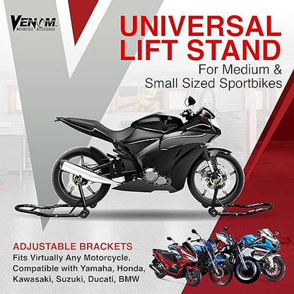 Venom Motorcycle Stand Lift, Front & Rear Combo, Universal Paddock Lift Stand, Front Wheel Fork Stand Rear Wheel Swingarm Spool Stand, Compatible With Most Yamaha Honda Kawasaki Suzuki BMW Motorcycles