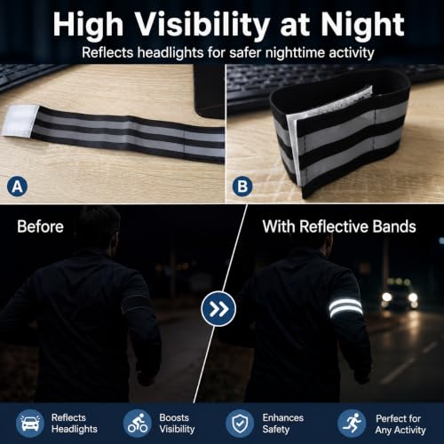 2 PCS Ultra-Reflective Arm Bands Leg Straps for Cycling Adjustable Elastic Safety Wristband for Running Jogging Motorcycle Night Visibility Gear Unisex Black