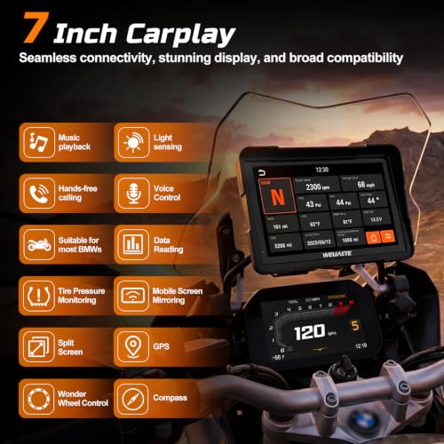 7" Motorcycle CarPlay Fit for BMW with Wonder Wheel Control, Android Auto/iOS, GPS Navigation System, IP69K Waterproof Touchscreen, 1200Nit, Plug-and-Play, Bluetooth, Light Sensor, TPMS, Siri