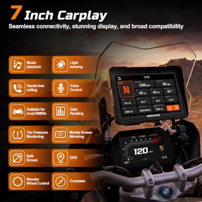 7" Motorcycle CarPlay Fit for BMW with Wonder Wheel Control, Android Auto/iOS, GPS Navigation System, IP69K Waterproof Touchscreen, 1200Nit, Plug-and-Play, Bluetooth, Light Sensor, TPMS, Siri