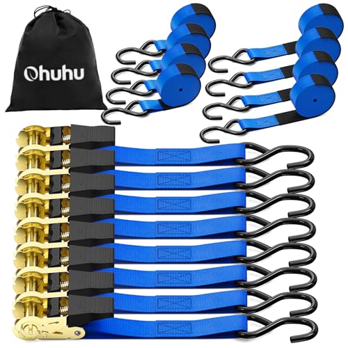 Ratchet Tie Down Strap 8-Pack 15 Ft - 500 lbs Load Cap with 1500 lbs Breaking Limit, Ohuhu Ratchet Tie Downs Logistic Cargo Straps for Moving Appliances Motorcycle Blue - color: Blue, size: 8-Pack