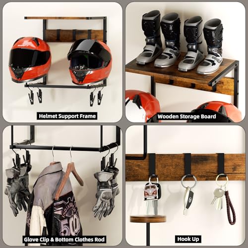 Urban Deco Motorcycle Helmet Holder Wall Mount, Helmet Rack with 2 Hat Stands, Helmet Stand for Display Wall Mount, Motorcycle Accessories Gear Storage for Men, Small - size: 16.7*12*16.1 inches