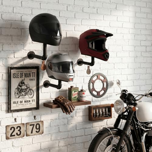 MyGift 3 Pcs Cowboy Hat Holder on Wall, Hat Rack Hooks, Wig Display Helmet Collection Organizer, Baseball Cap Hanger Entryway Bedroom, Realistic Black Metal Pipe Brown Wood - color: Industrial Style