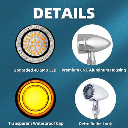 Motorcycle Bullet Turn Signals LED Front Rear Lights 4 PCS, 40 LEDs Retro Switchback Running Turn Brake Light Blinkers Universal Fit Harley Chopper Bobber Sporsters Suzuki Honda -Chrome - color: 2052-4PCS-CH