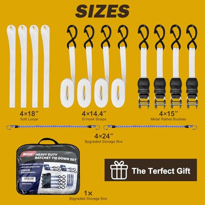 Heavy Duty 1" x 15' Ratchet Straps (4 Pack) - 2200 lb Break Strength with Soft Loops & Coated S-Hooks for Truck, Trailer, Motorcycle, ATV, UTV, Boat, Car Accessories (White) - color: White