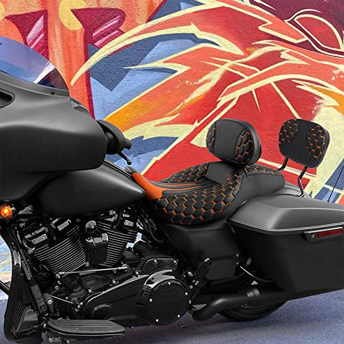 C.C. RIDER Touring Seat Sissy Bar - Passenger Backrest Driver Passenger Sissy Bar for Harley Davidson Touring Road King Street Glide Road Glide Electra Glide CVO 2009-2023 - color: Black Orange Rider Seat + Backrest