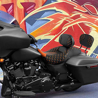 C.C. RIDER Touring Seat Sissy Bar - Passenger Backrest Driver Passenger Sissy Bar for Harley Davidson Touring Road King Street Glide Road Glide Electra Glide CVO 2009-2023 - color: Black Orange Rider Seat + Backrest