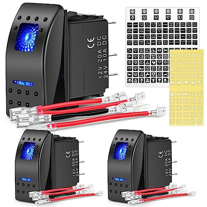 Nilight 3 Pack Rocker Switches with Night Glow DIY Stickers On Off Toggle 5 PIN SPST LED Light Blue Backlit 12V/24V for Cars Trucks RVs Boats Auto Motorcycles - color: Blue 3 PCS