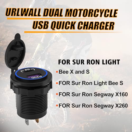 Dual Motorcycle USB Quick Charger Adapter for Sur Ron Light Bee X and S Segway X160 X260, Waterproof Motorcylce USB Charger Socket with Sealiing Caps for All Phone, Tablet, GPS ﻿