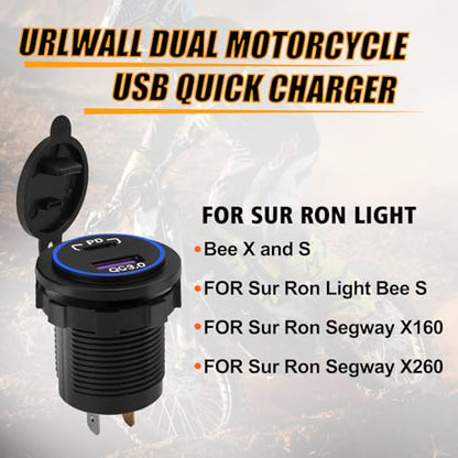 Dual Motorcycle USB Quick Charger Adapter for Sur Ron Light Bee X and S Segway X160 X260, Waterproof Motorcylce USB Charger Socket with Sealiing Caps for All Phone, Tablet, GPS ﻿