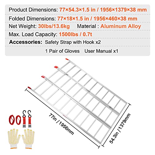 VEVOR Aluminum Ramps, 1500 lbs, Folding Loading Ramp with Load Straps, Tri-Fold Ramp for Motorcycles,UTVs, ATVs, Trucks, Lawnmowers, Snow Blowers, 77" L x 54" W, Sliver - size: 1500lbs