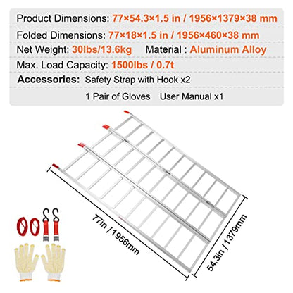 VEVOR Aluminum Ramps, 1500 lbs, Folding Loading Ramp with Load Straps, Tri-Fold Ramp for Motorcycles,UTVs, ATVs, Trucks, Lawnmowers, Snow Blowers, 77" L x 54" W, Sliver - size: 1500lbs