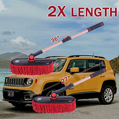 Car Duster Exterior Scratch Free,Car Dust Brush with Extendable Telescoping Handle to Remove Dust Pollen,Duster for Car,Truck,RV and Motorcycle,Large Auto Mop Duster Head, Wax Cotton Hair - color: Red Set-cotton