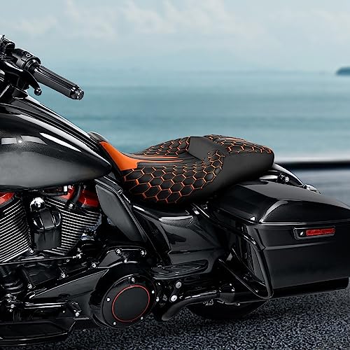 C.C. RIDER Gel 2 Up Rider Driver&Passenger Seat Fit for Harley Touring Road King Street Glide Electra Glide Tri 2009-2023 - color: Black Orange Gel Seat
