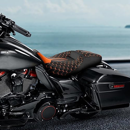 C.C. RIDER Gel 2 Up Rider Driver&Passenger Seat Fit for Harley Touring Road King Street Glide Electra Glide Tri 2009-2023 - color: Black Orange Gel Seat