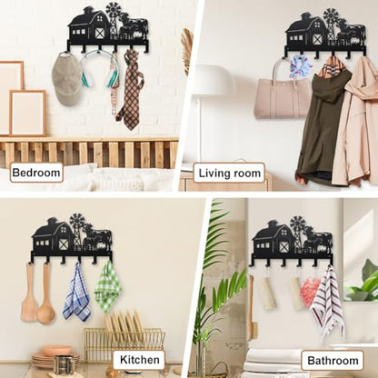 MAYJOYDIY Farmhouse Metal Key Hook Cows Livestock Coat Rack Wall Mounted 15.7×9.8inch Art Wall Decor Key Holder Organizer Rack with 6 Hooks for Gift Coats Hats Towels Bags Hanging - style: Farmhouse