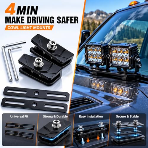 LED Light Bar Mounting Brackets A Pillar Ditch Light Bracket Extensions | Steel Cowl Pod Light Mounting Brackets No Drilling Universal Hood Light Mounting Brackets Adjustable Aluminum Alloy - color: Hood Mount + 2PCS Ditch Light Bracket Extensions