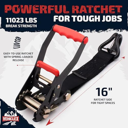 Vehiclex Combo Axle Tie Down Straps 4PK — 2"x9.5ft Integrated Heavy Duty Car Hauler Straps with Double J-Hooks for Trailers, Cars & UTVs - style: Combo Axle Straps 4PK
