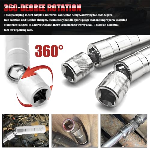 2PCS Spark Plug Socket, 14mm & 16mm Magnetic Swivel Spark Plug Socket, Thin Wall 12 Points 3/8" Drive Spark Plug Removal Tool with 360-degree Rotation, Compatible with Motorcycle, Car, SUV