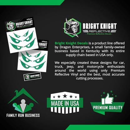 Bright Knight Decals Reflective Evil Eye Stickers, 6" x 3" Green Evil Eye Motorcycle Decals & Graphics for Bike & Motorcycle Helmet Stickers, Made in USA, 3 Pairs - color: Green