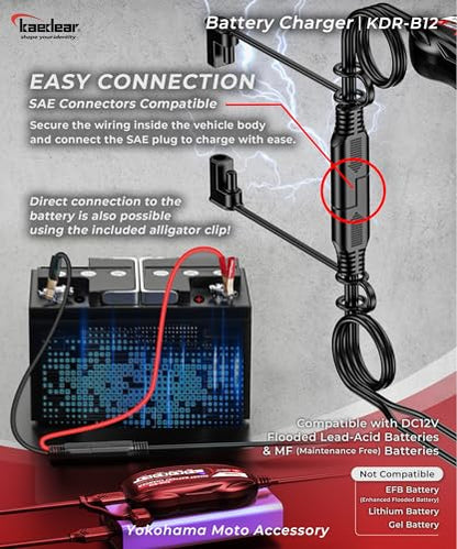 KAEDEAR Motorcycle Smart Battery Charger, USB Input, Mobile Battery Compatible, 12V, 2A, Maintenance Charging Function, Prevent Battery Damages, Perfect for Winter Storage, No Outlet Needed, KDR-B12