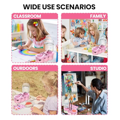 4-in-1 Water Cycle Paint Brush Cleaner Tool | 2025 Upgraded Leak-Proof Rinsing Cup with Palette & Holder | One-Touch Water Replacement Design | Art Supplies for Kids/Adults Beginners to Pros Pink - color: Pink