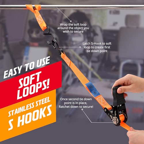 Ratchet Straps 2 Pack – 1 Inch x 13 Feet, 2000 lb Heavy Duty Tie Down Straps with S Hooks, Cargo Straps for Truck Trailer Motorcycle Straps, Luggage Straps